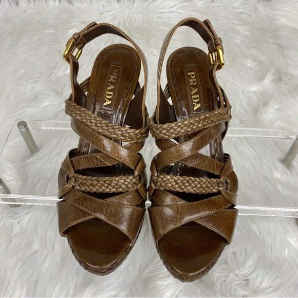 Prada Women's Brown Designer Braided Leather Strappy Luxury Heels IT 37.5 / US 7 - Picture 1 of 17